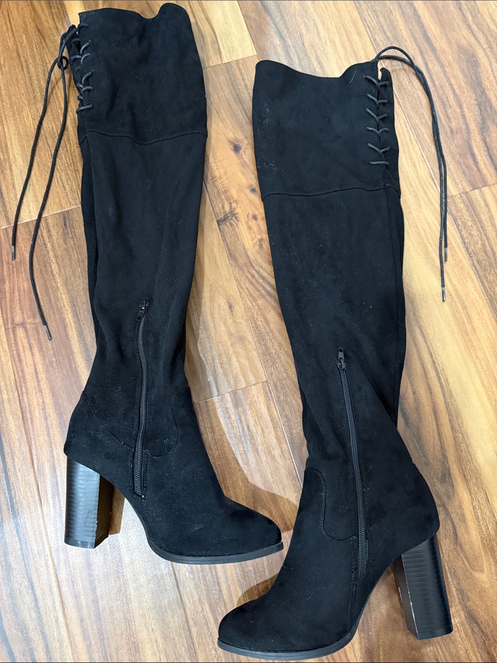 Qupid Black Over-the-Knee Lace-Up Block Heel Boots